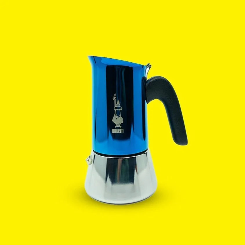 Bialetti Venus stovetop espresso maker in blue stainless steel, 4 cup