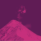 Guatemala Antigua artwork: halftone volcano with an ash plume, magenta on deep purple — Lonsdale Street Roasters