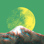 Mexico Mountain Water Decaf artwork: halftone snow-capped volcano before a cratered yellow moon, on green — Lonsdale Street Roasters