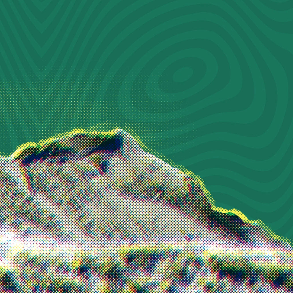 Papua New Guinea artwork: halftone highland ridge against concentric contour rings, on green — Lonsdale Street Roasters