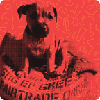 The Lonsdale Street Roasters mascot dog sitting in a fairtrade coffee sack, halftone on coral — Honeybear