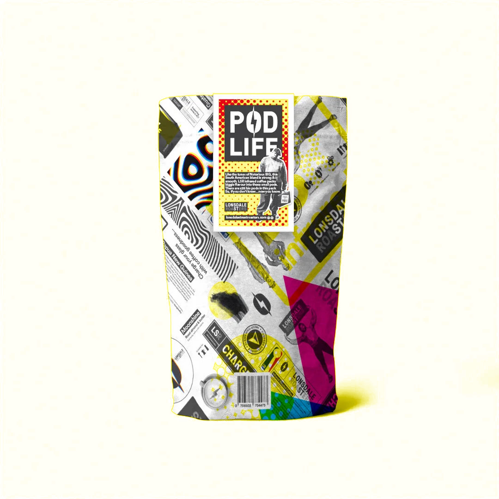 LSR Pods pack, back — POD LIFE panel, 25 compostable Nespresso-compatible pods, Lonsdale Street Roasters Canberra