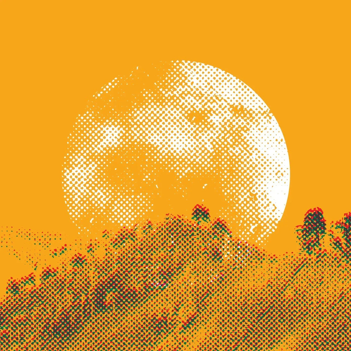 Colombia artwork: halftone sun rising over a coffee-growing hillside, on burnt orange — Lonsdale Street Roasters