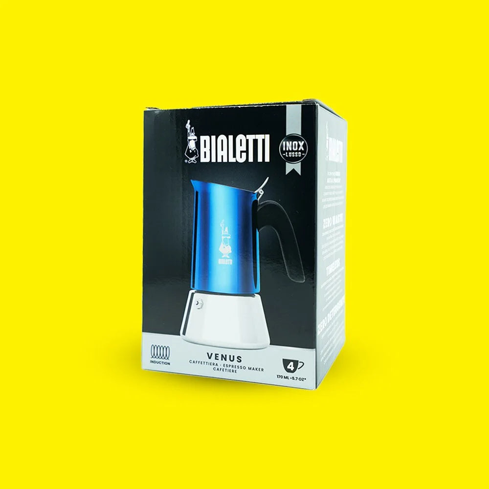 Bialetti Venus blue stainless steel espresso maker retail box, 4 cup