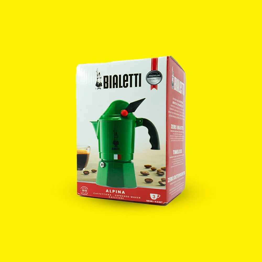 Bialetti Moka Alpina retail box, 3 cup green stovetop espresso maker