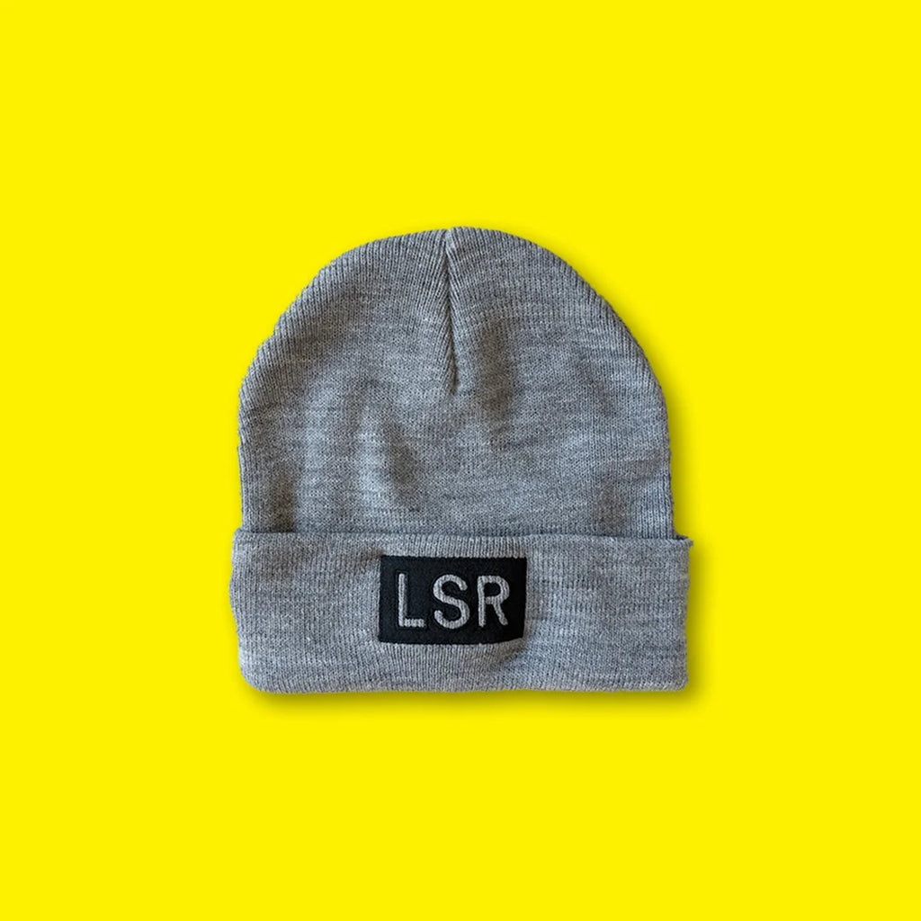 Grey LSR beanie with woven box logo — Lonsdale Street Roasters