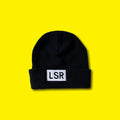 Black LSR beanie with woven box logo, on brand yellow — Lonsdale Street Roasters