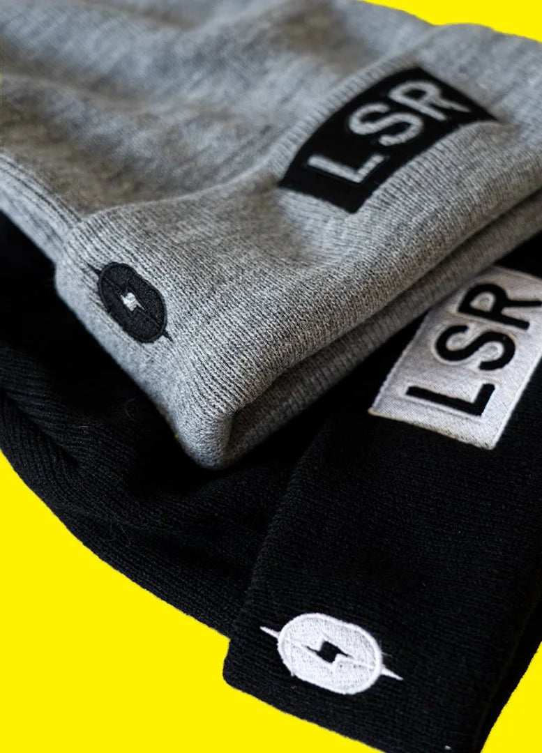 Close-up of the woven LSR label on the beanie cuff