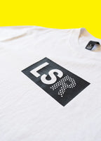 Close-up of the LSR box logo print on the white staple tee